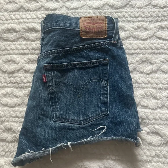 Classic High-Rise Distressed Denim Shorts - Blue - Picture 9 of 9